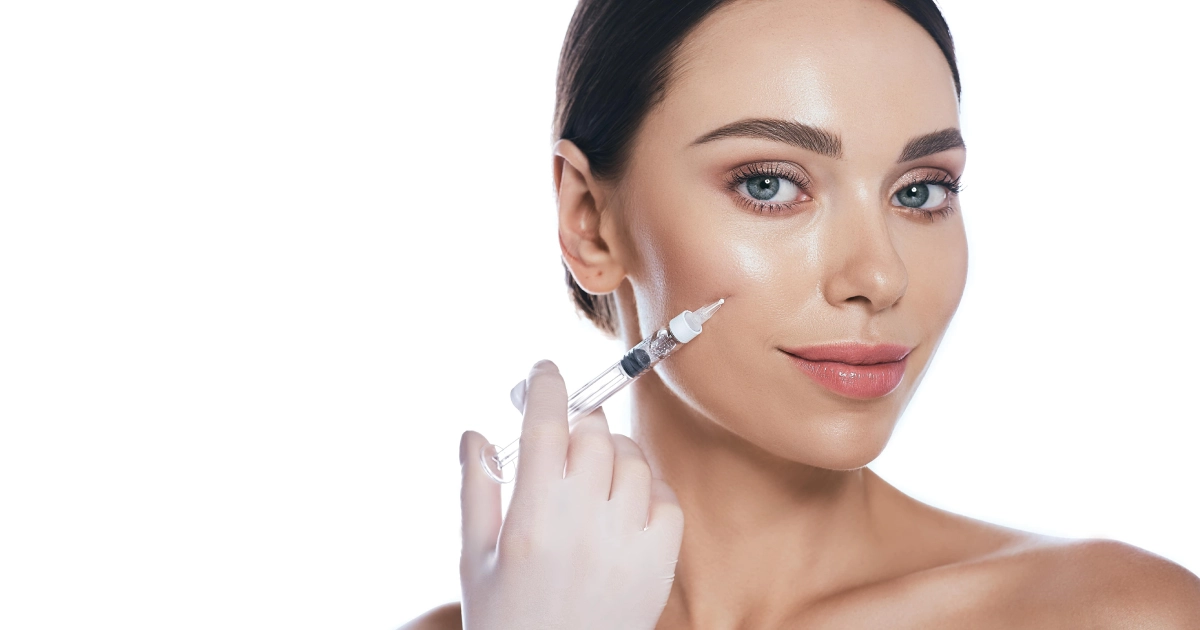 Headshot of a woman receiving dermal fillers in Linwood, NJ, with a gloved hand and syringe on a white background.