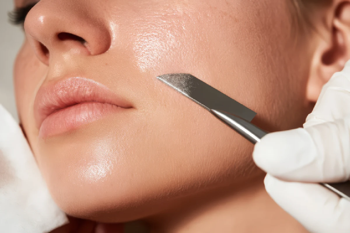 Dermaplaning treatment removing peach fuzz and dead skin cells to reveal smoother, brighter skin at Tú Beauty Med Spa.